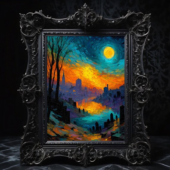 Spooky Halloween Graveyard Foggy Night Scene Midnight Cemetery Art Rustic Fall Wall Decor Vintage Inspired Painting 167