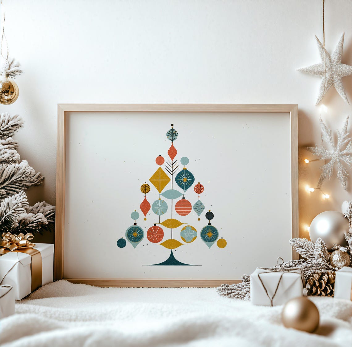 Mid Century Modern Christmas Tree Geometric Ornaments Poster