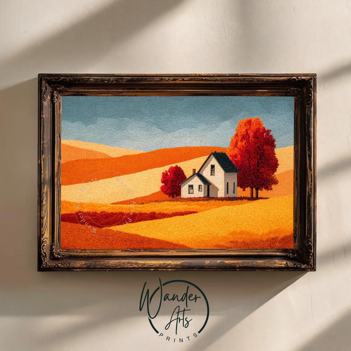 Rustic Autumn Farmhouse Cozy Painting With Warm Colors Modern Minimal Art Redleafed Tree Golden Fields 932