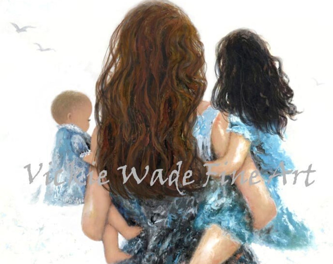 Mother Carrying Two Daughters at the Beach Motherhood Fine Art Poster