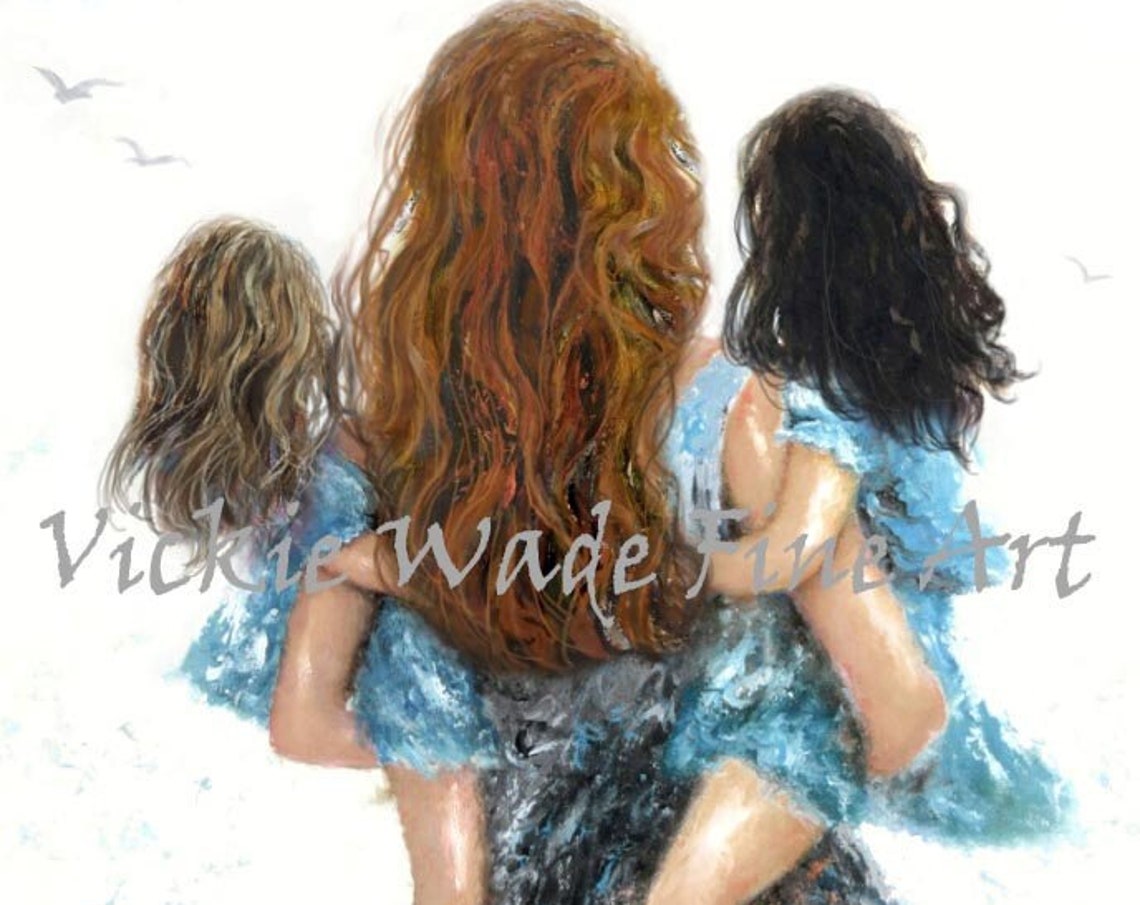 Mother And Two Daughters Art Print Redhead Mom Dark Auburn Hair Red Hair Mother Mom Carrying Two Girls Two Sisters Vickie Wade Art - Image 3