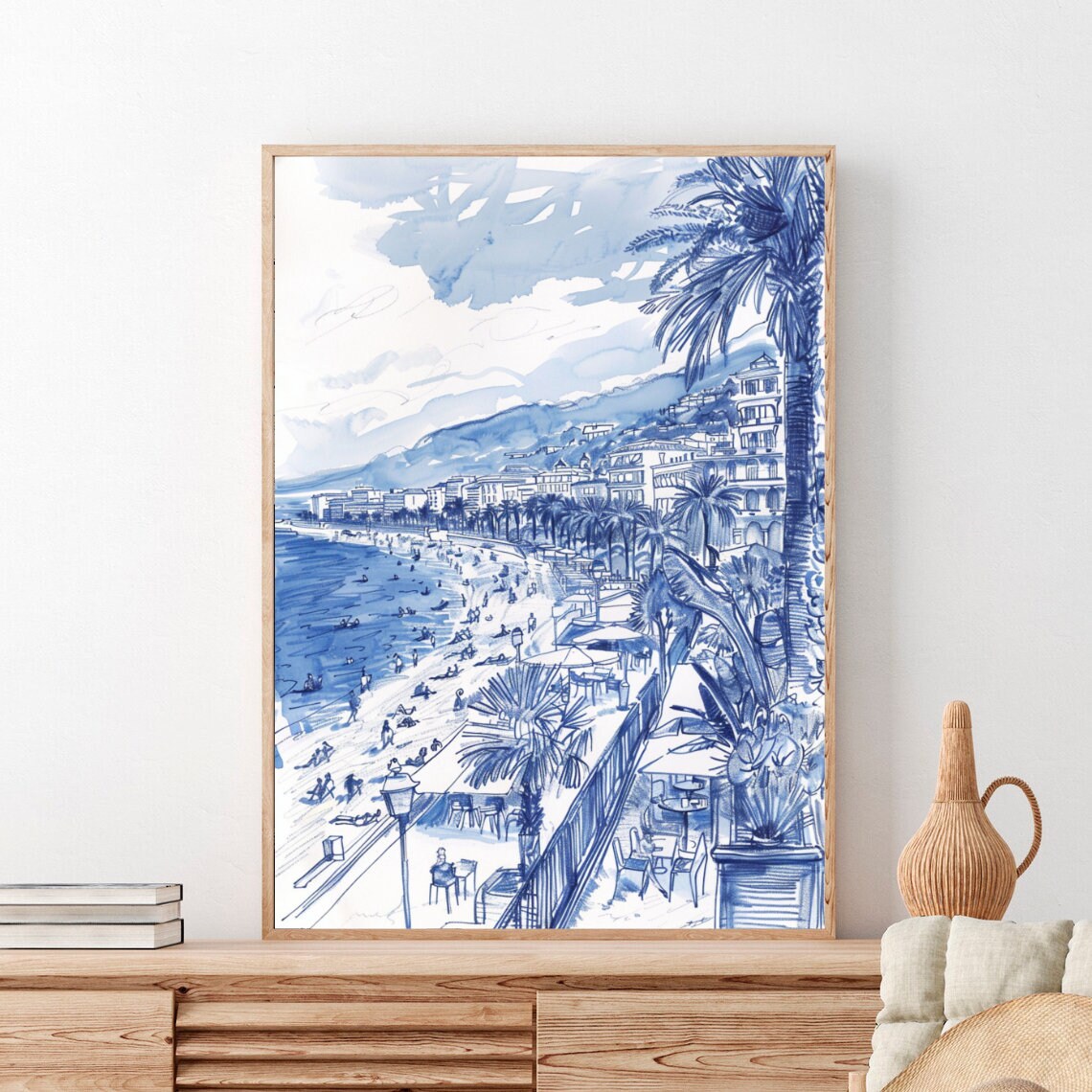 Blue Ink Seaside Promenade Palms Sketch Coastal Getaway Travel Poster - Image 5