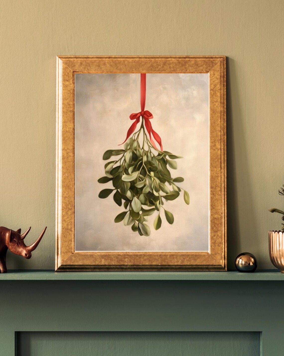 Mistletoe Bunch Red Ribbon Beige Botanical Christmas Art Print - Image 2