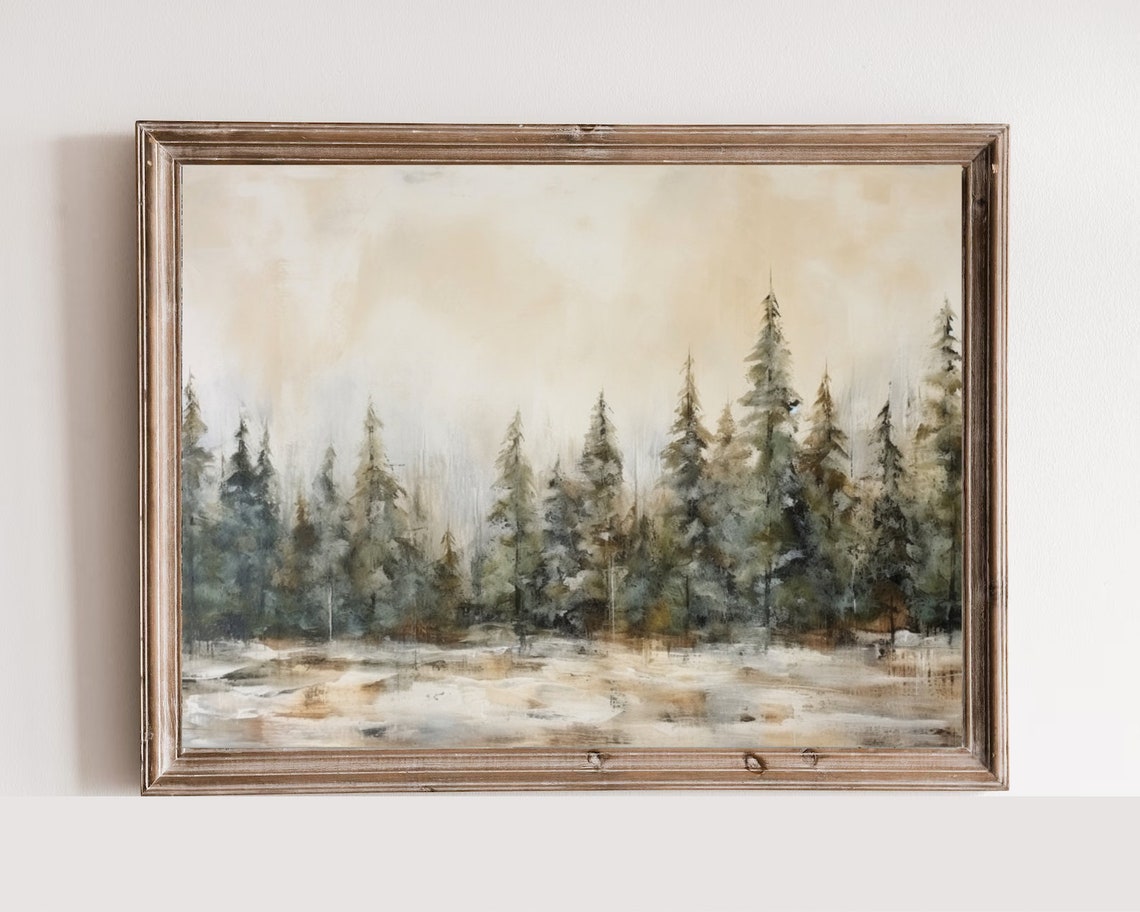 Snowy Pine Forest Watercolor Winter Landscape Neutral Rustic Poster