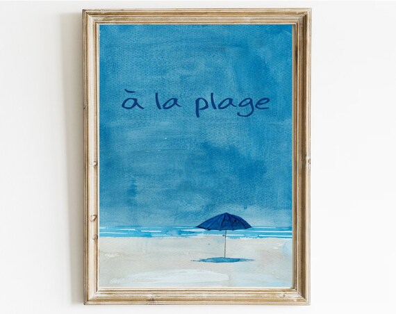 A La Plage Blue Watercolor Beach Art Minimalist Umbrella Poster