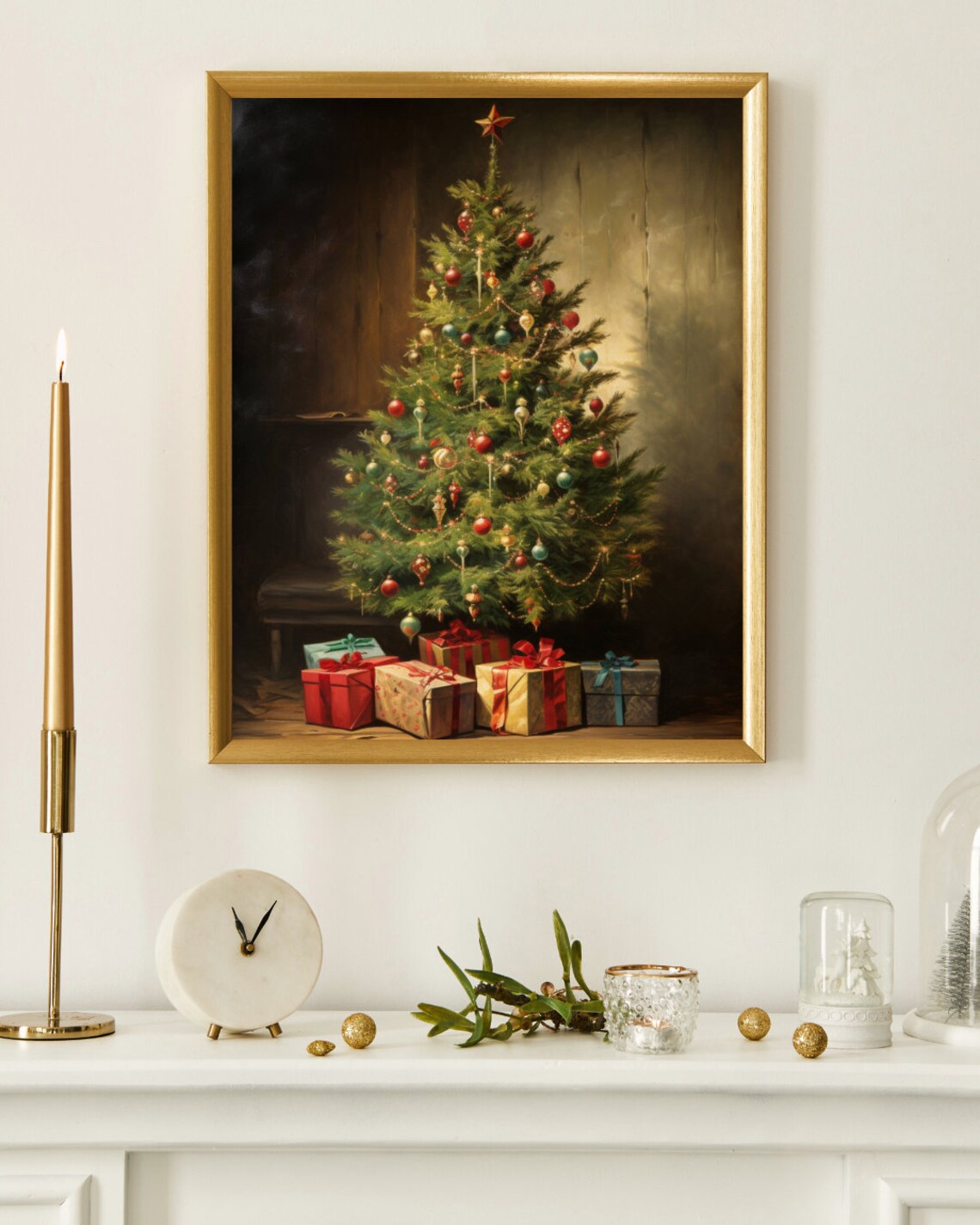 Vintage Christmas Tree With Gifts Ornaments Oil Painting Poster - Image 3