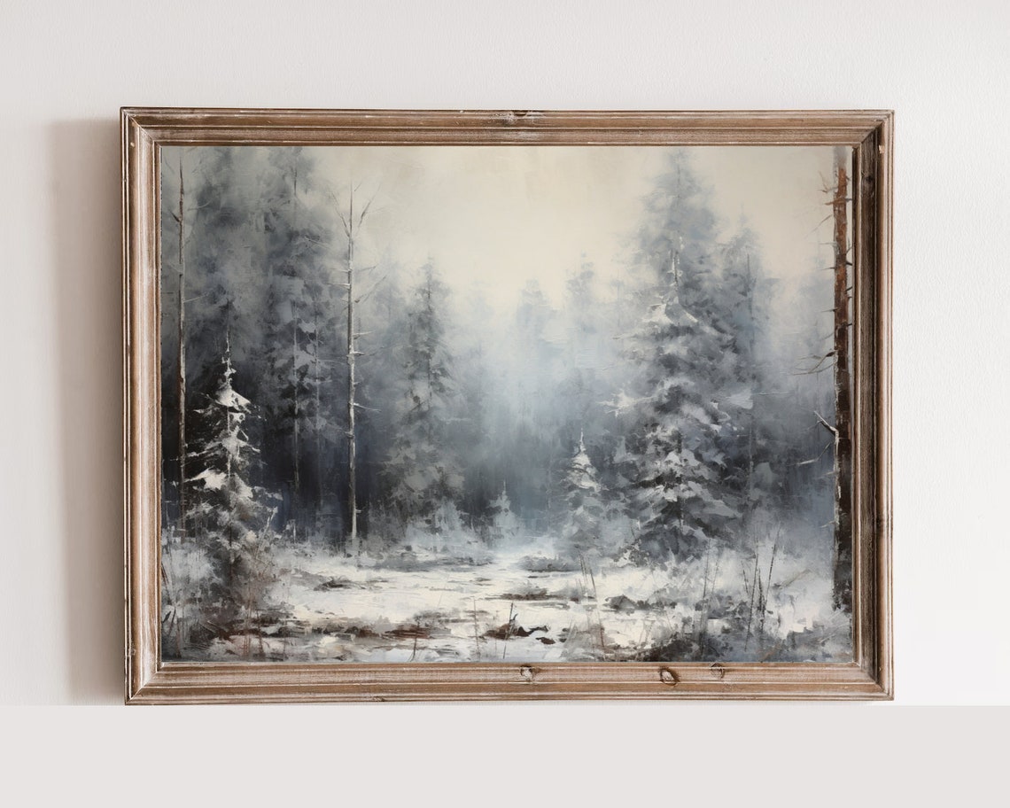 Oil Painting Of Winterforest Impressionistic Vintage Painting Vintage Print Winter Art Holiday Decor Moody Holiday Art