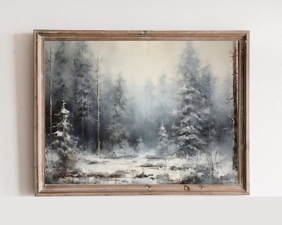 Oil Painting Of Winterforest Impressionistic Vintage Painting Vintage Print Winter Art Holiday Decor Moody Holiday Art
