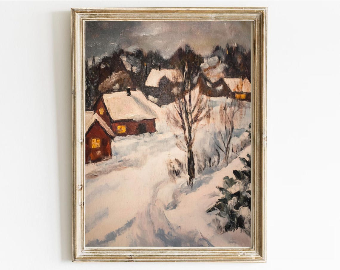 Neutral Antique Winter Oil Painting Snow Covered Village Impressionistic Vintage Landscape Swedish Houses Moody Winter Painting