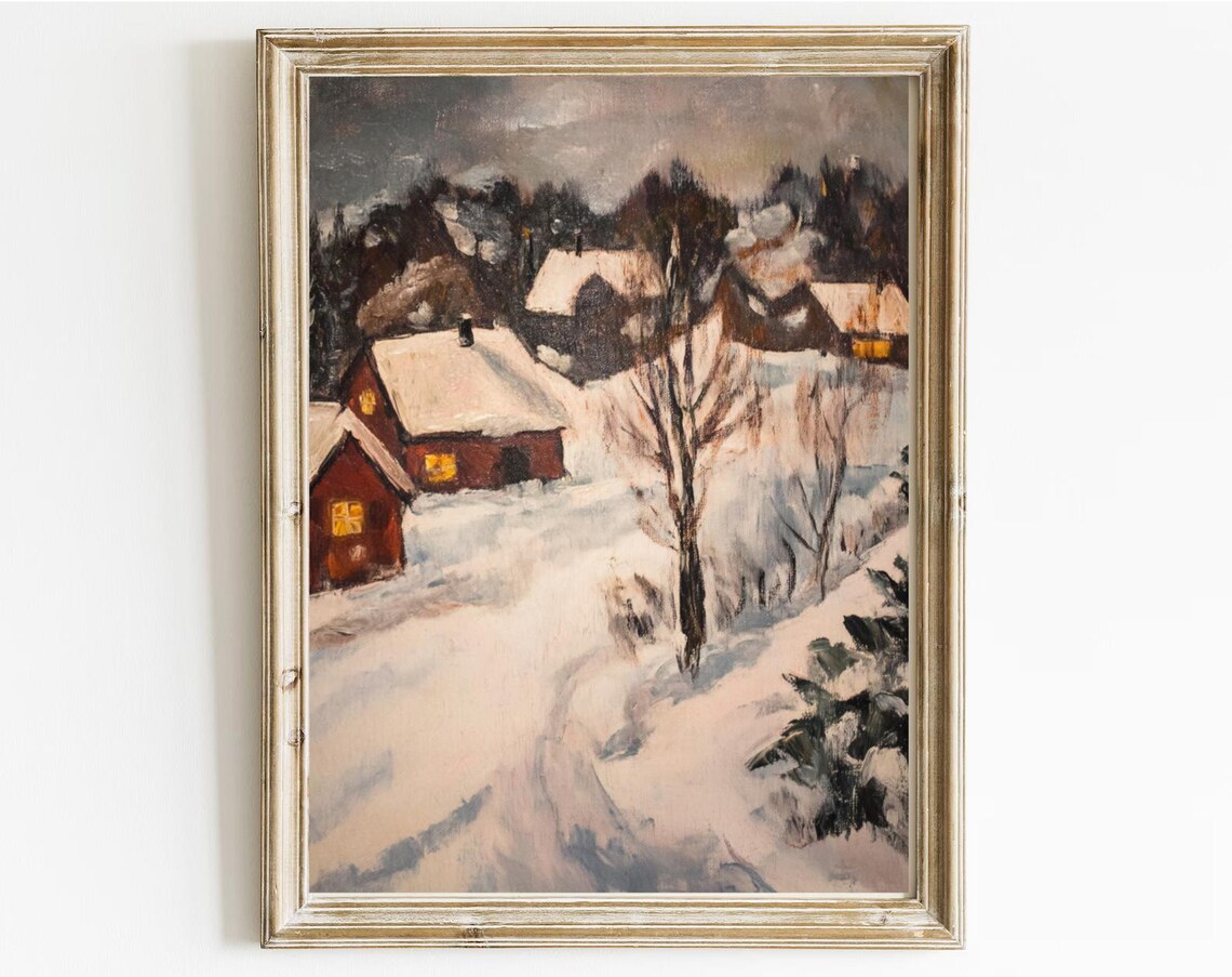 Snow Covered Village Red Houses Glowing Windows Winter Poster