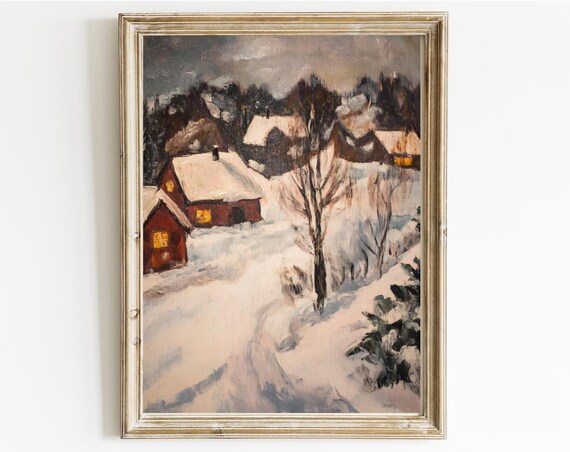 Snow Covered Village Red Houses Glowing Windows Winter Poster