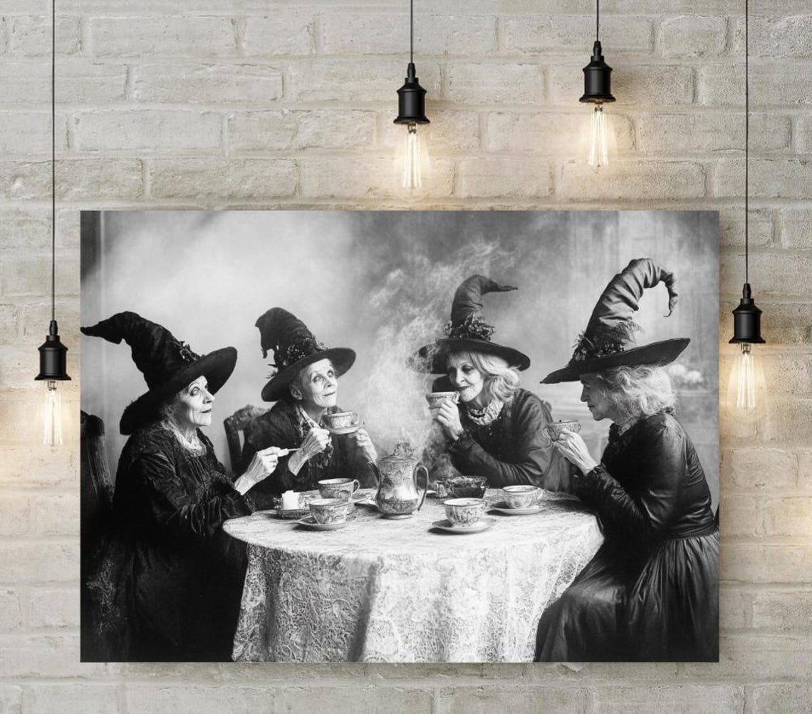 Four Witches Tea Party Vintage Black And White Halloween Poster - Image 4