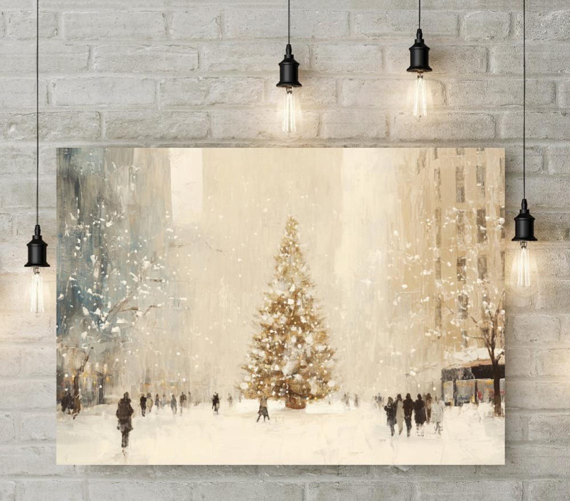 New York City Christmas Square Snowy Tree Vintage Painting Poster - Image 4