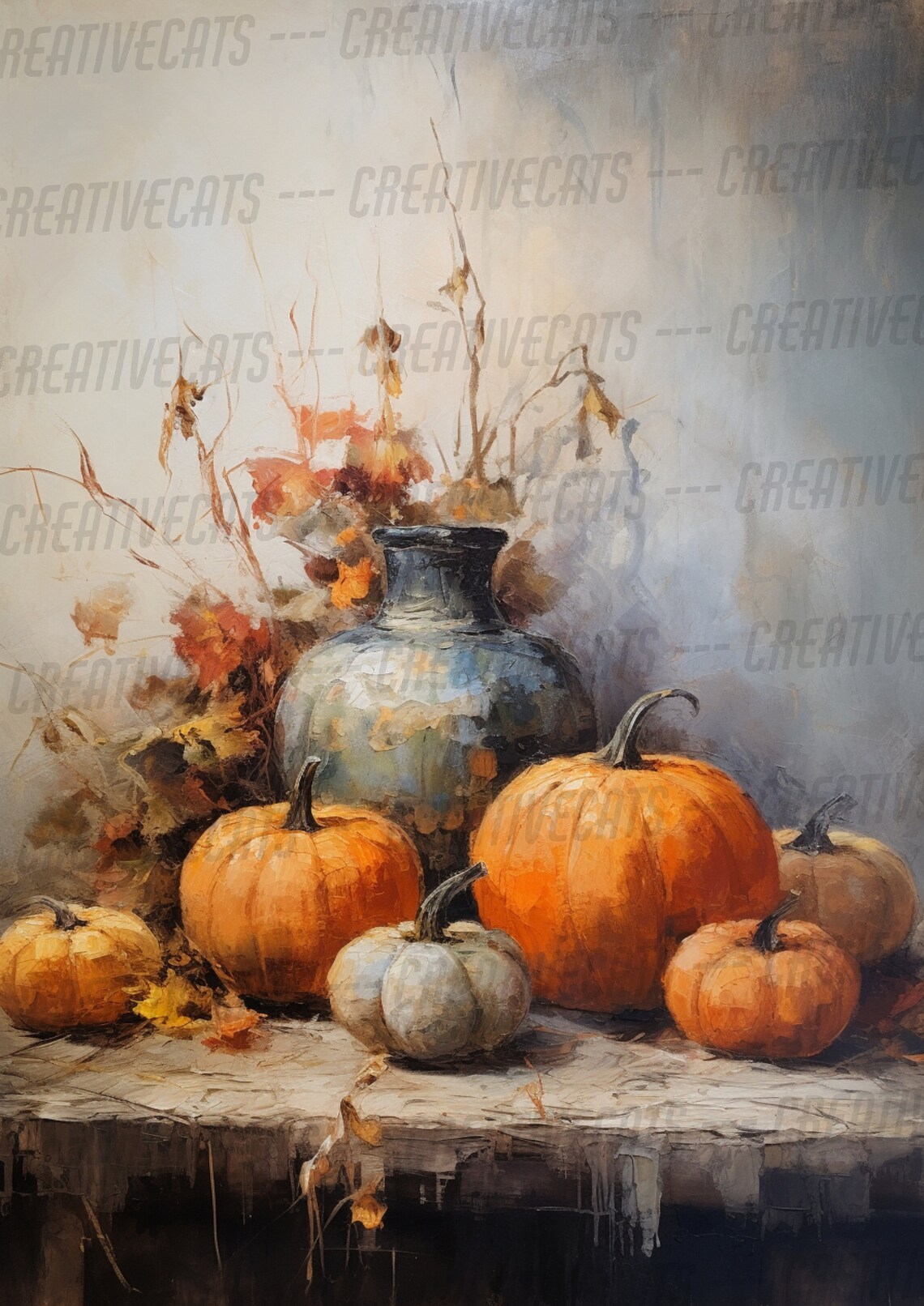 Pumpkins And Blue Vase Autumn Still Life Muted Neutral Harvest Poster - Image 4