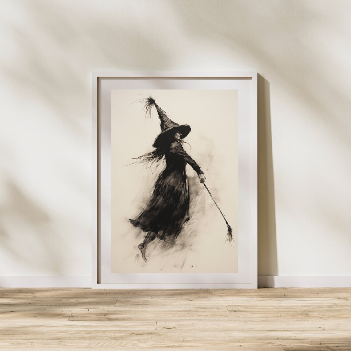 Witch With Broom Walking Ink Sketch Minimalist Spooky Halloween Poster - Image 2