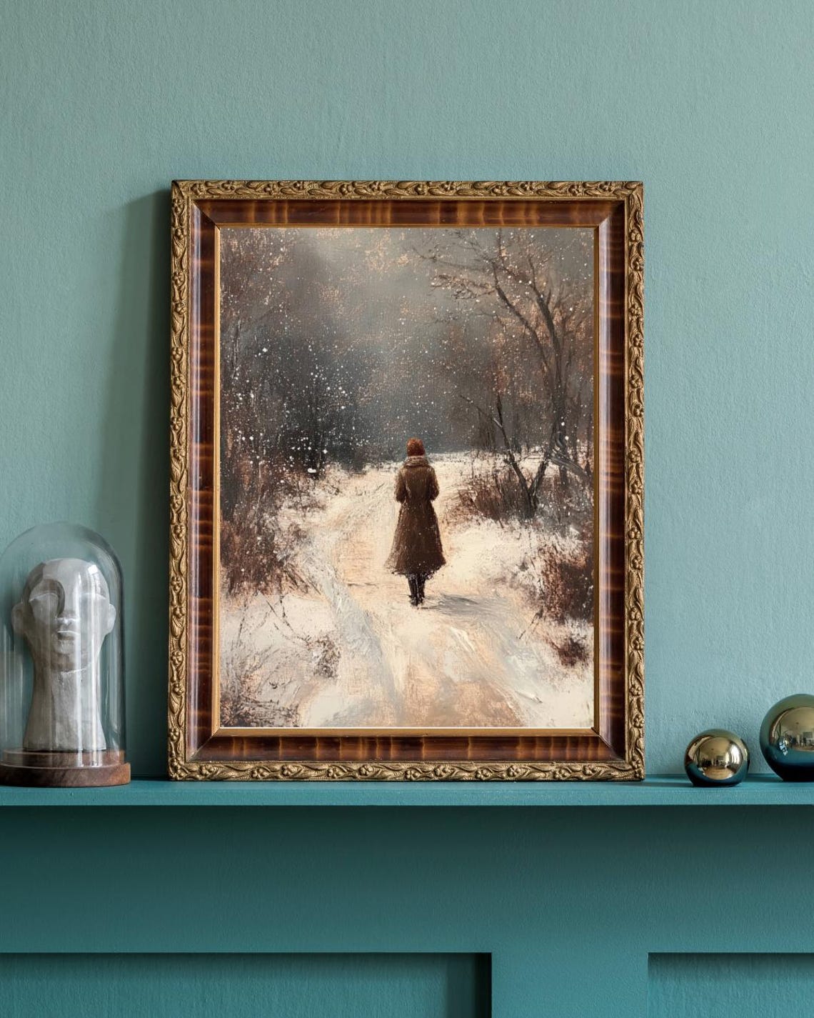 Antique Winter Oil Painting A Walk In The Snow Impressionistic Vintage Landscape Farmhouse Print Winter Walk Moody Winter Painting - Image 2