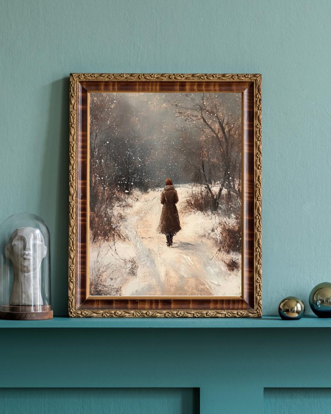 Walk In The Snow Antique Winter Oil Painting Solitary Figure Poster - Image 2