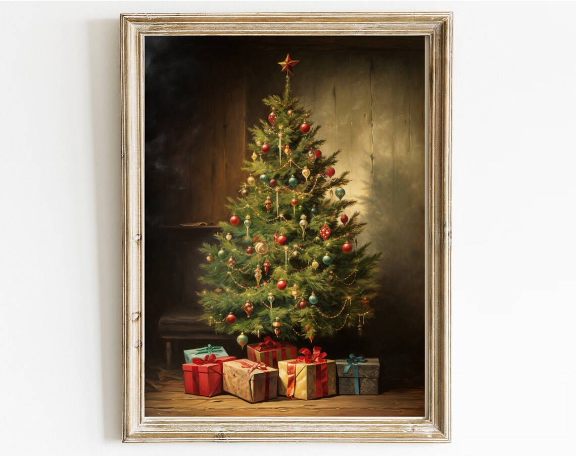 Vintage Christmas Tree With Gifts Ornaments Oil Painting Poster