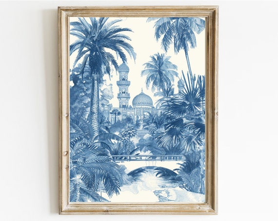 Blue Mosque Illustration In Blue Tones Vintage Painting Arabic Art Ramadan Decor Art Palmtrees