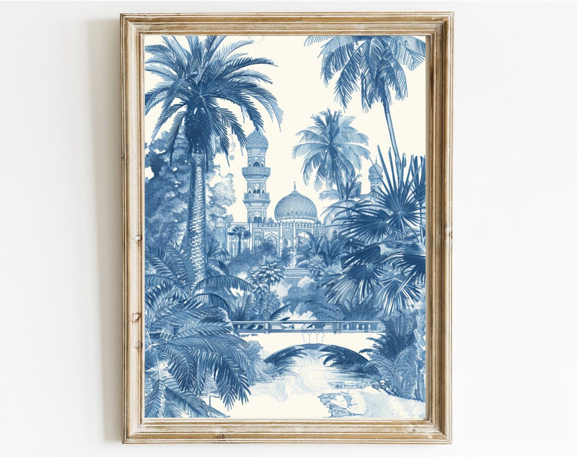 Blue Mosque Delft Blue Illustration Palm Trees Vintage Travel Poster