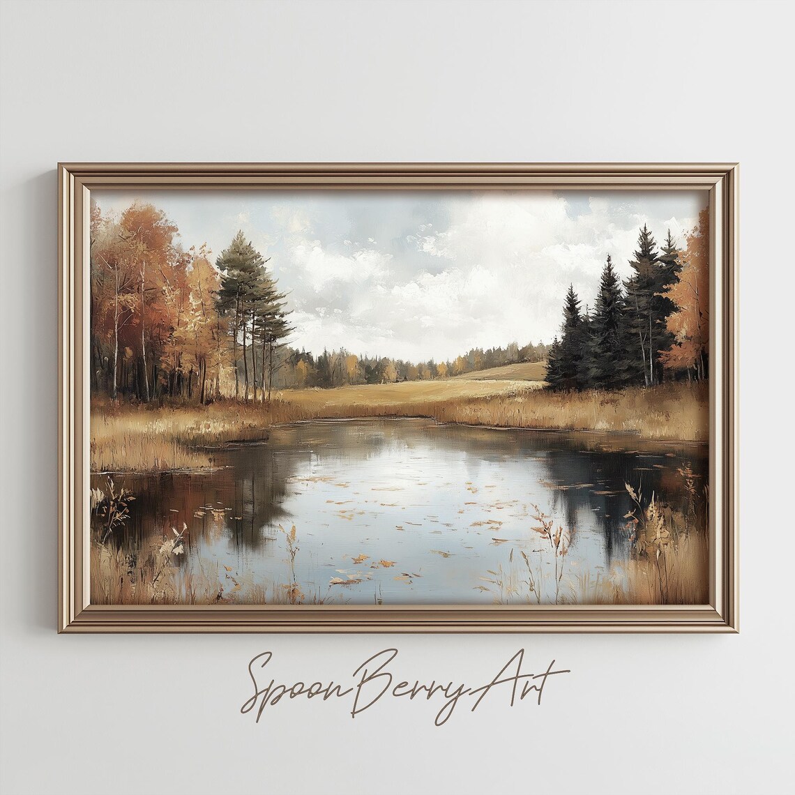 Autumn Pond Birch Pines Golden Foliage Tranquil Landscape Print