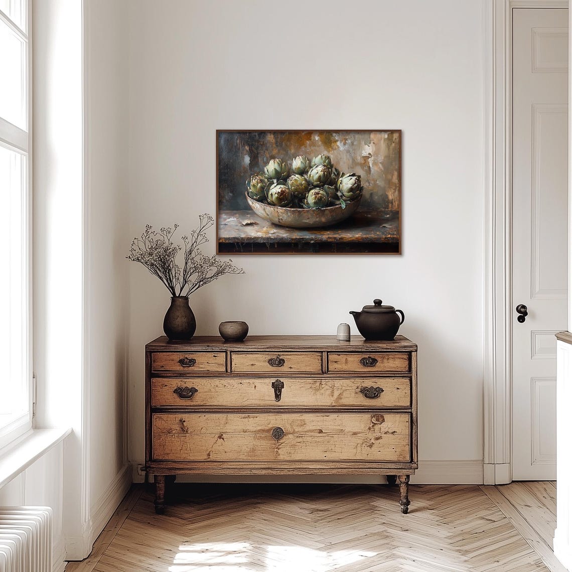 Rustic Bowl of Artichokes Dark Moody Kitchen Still Life Poster - Image 4