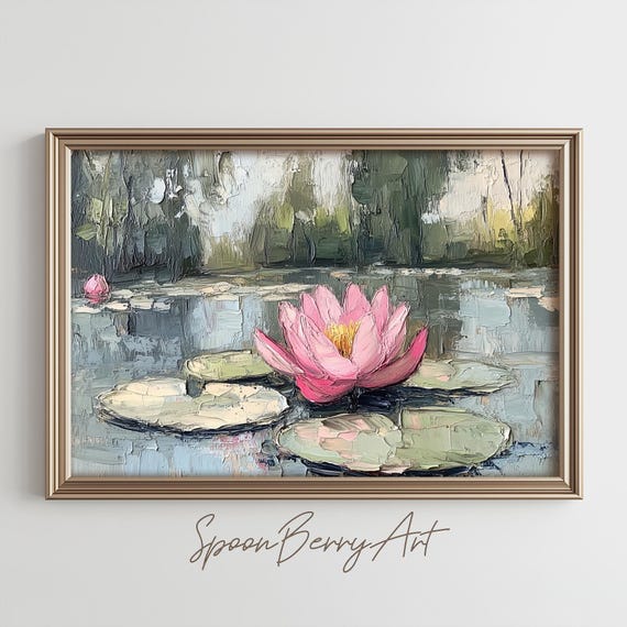 Lily Pad Painting Vintage Flower Wall Print Water Lilies Print Wall Decor Floral Wall Art Moody Tone Oil Painting Art