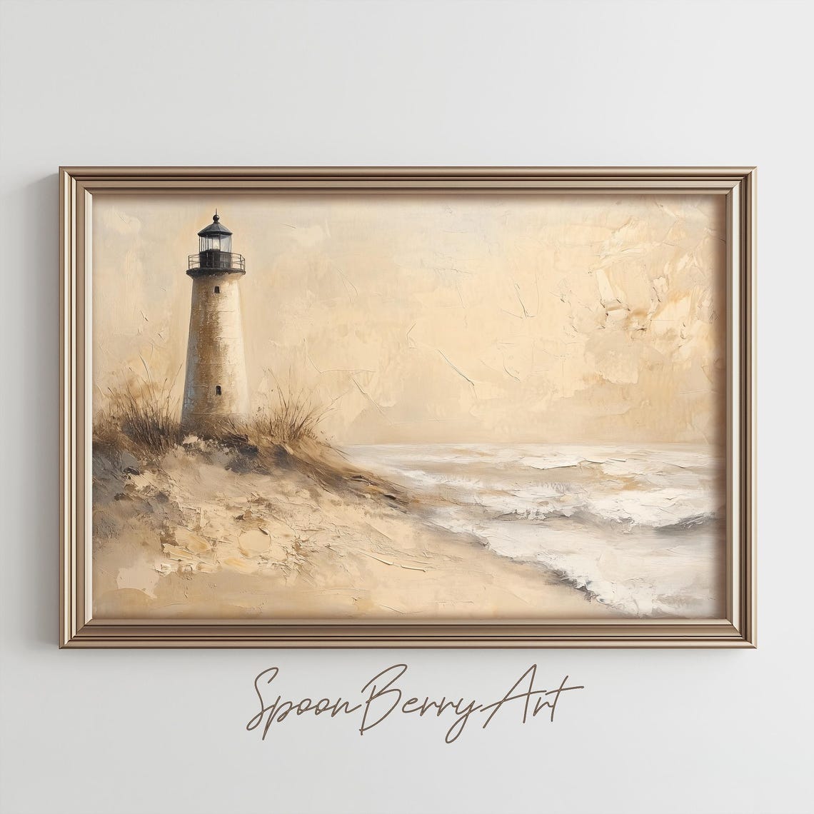 White Lighthouse on Sandy Dunes in Warm Neutral Tones Beach Poster