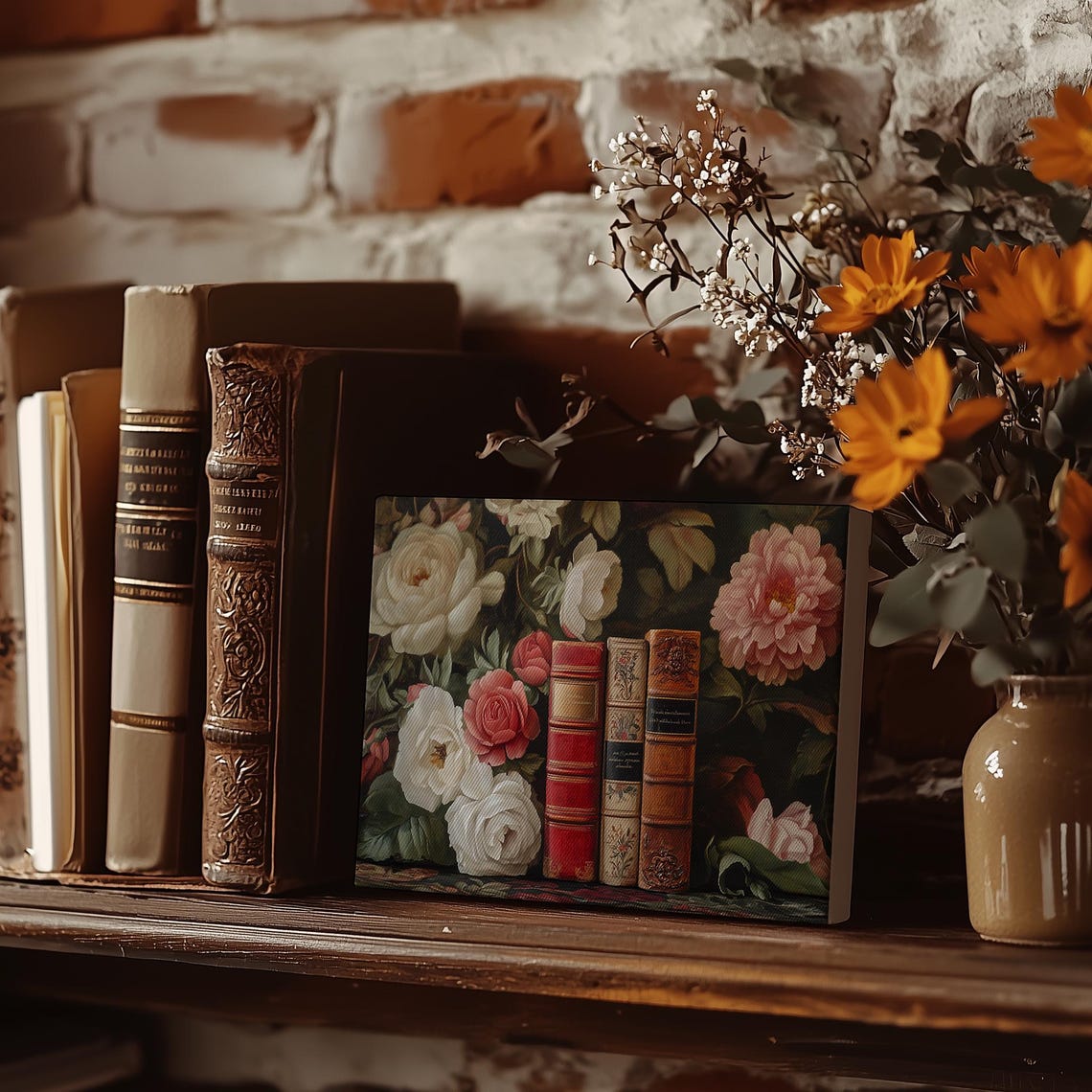 Antique Leather Books Among Roses Dark Floral Library Poster - Image 5