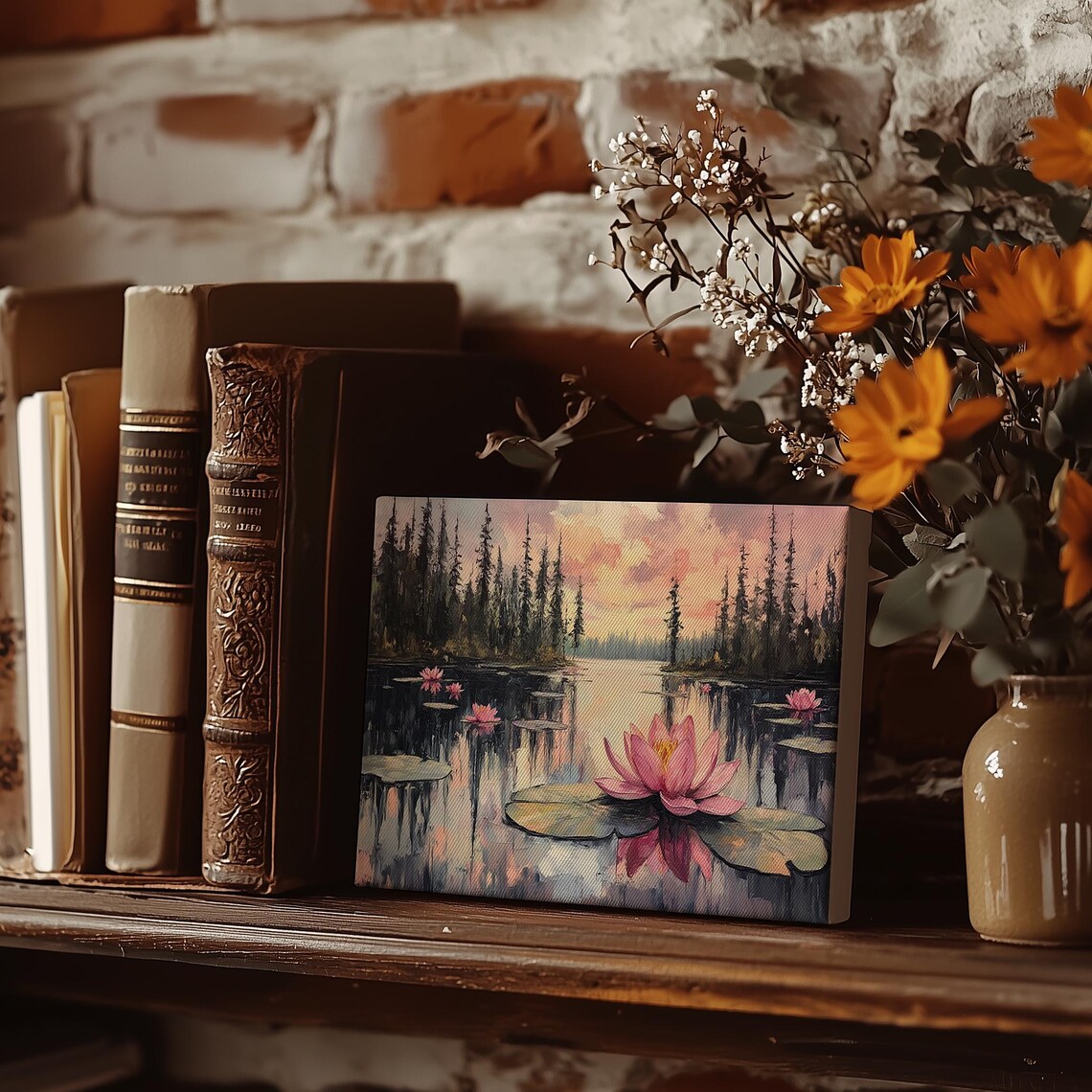 Pink Lily Pad Painting Vintage Flower Wall Print Water Lily Print Wall Decor Floral Wall Art Moody Oil Painting Art - Image 3