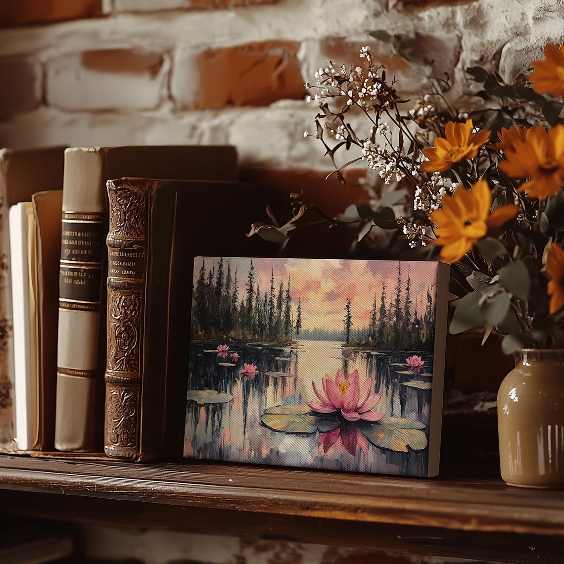 Pink Water Lilies on a Sunset Pond with Pine Forest Shore Poster - Image 3