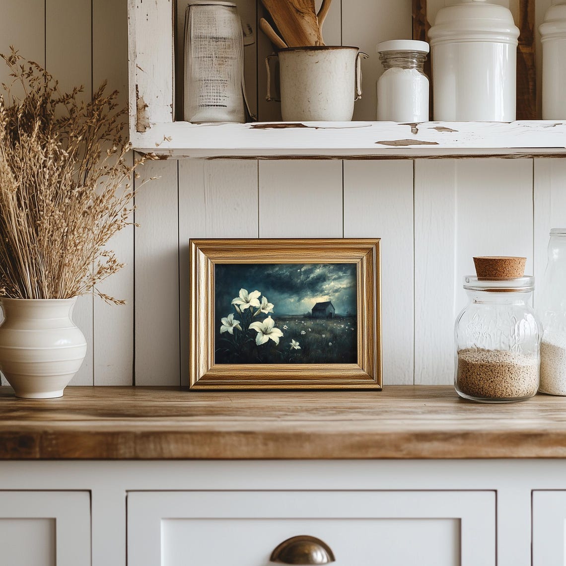 White Lilies Blooming at Night Beneath a Stormy Sky Art Poster - Image 4