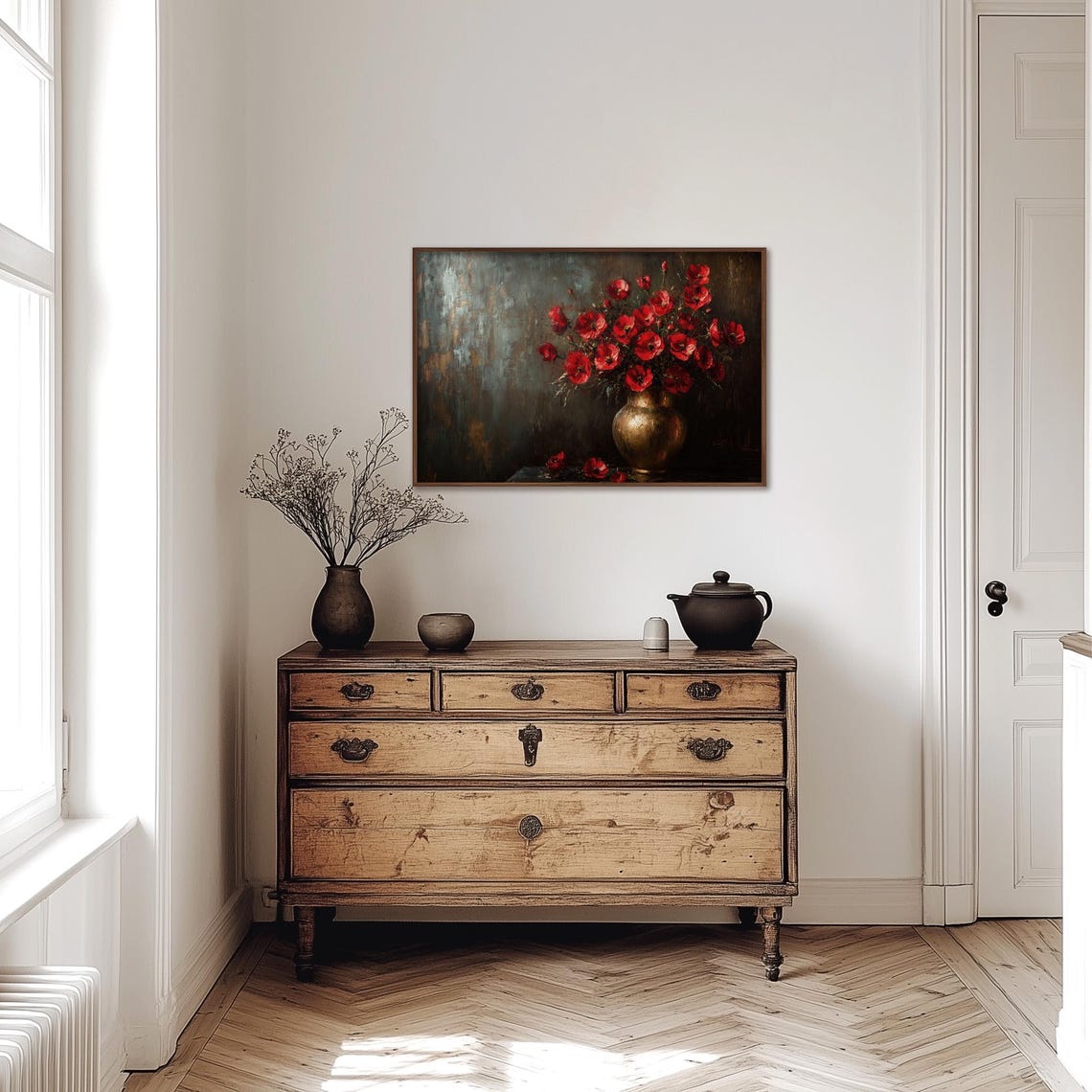 Red Poppies in a Brass Vase Dark Moody Floral Still Life Poster - Image 3