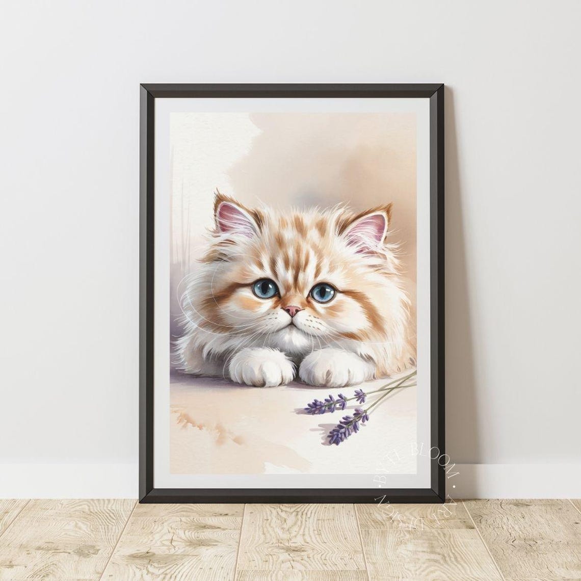 Fluffy Orange Tabby Kitten Blue Eyes Watercolor Nursery Art Poster