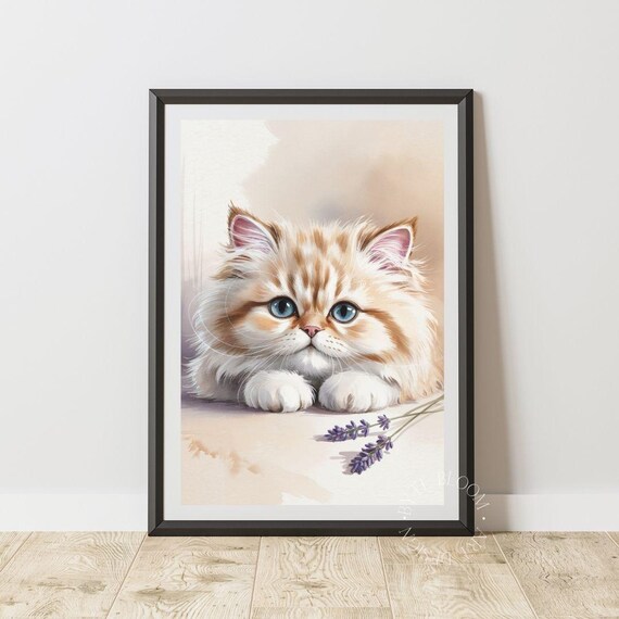 Fluffy Orange Tabby Kitten Blue Eyes Watercolor Nursery Art Poster