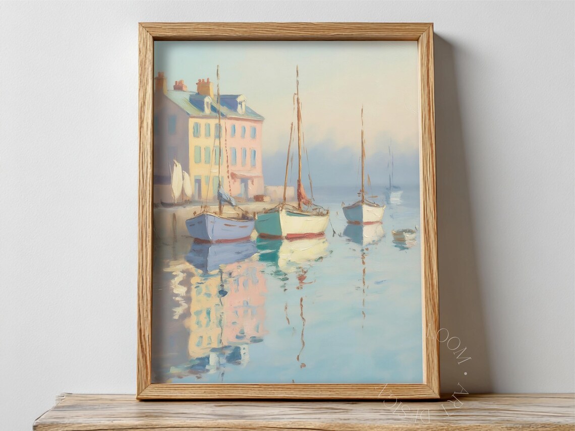 French Harbor Sailboat Oil Painting Pastel Coastal Scene Poster