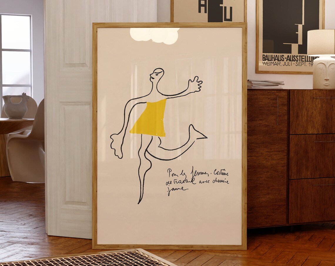 French Line Drawing Woman Yellow Dress Exhibition Style Art Poster - Image 2