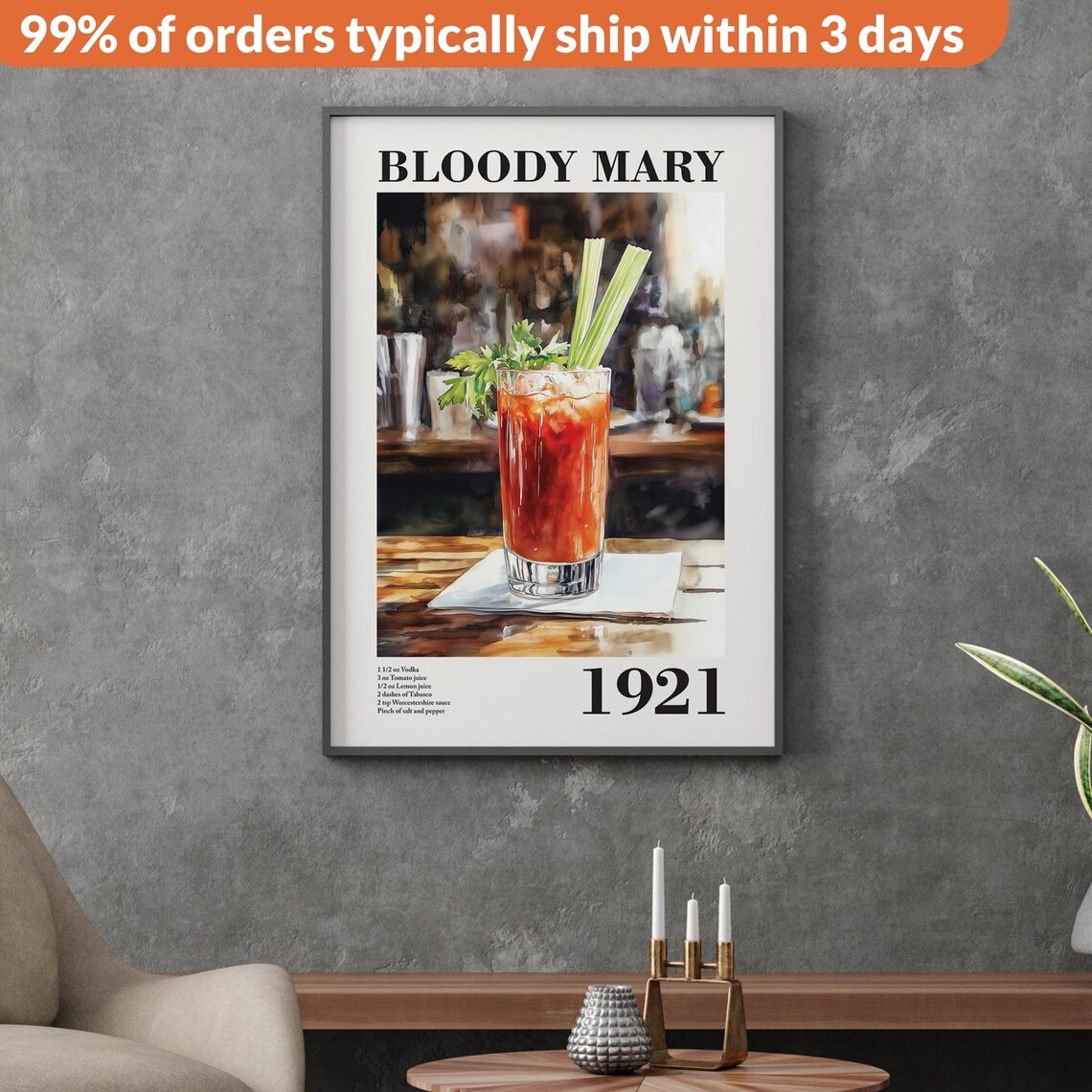 Vintage Bloody Mary Cocktail Recipe, Bar Kitchen Art Print - Image 2