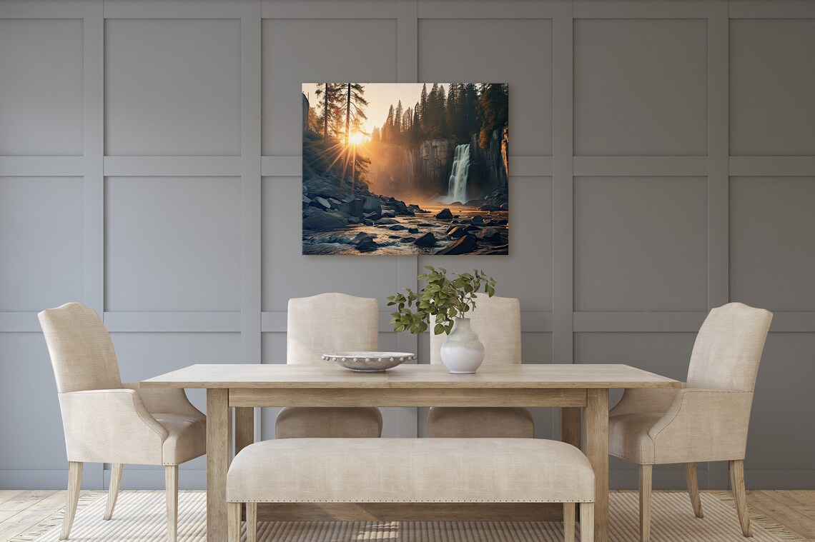 River Waterfall Sunset Landscape, Nature Wall Art - Image 2