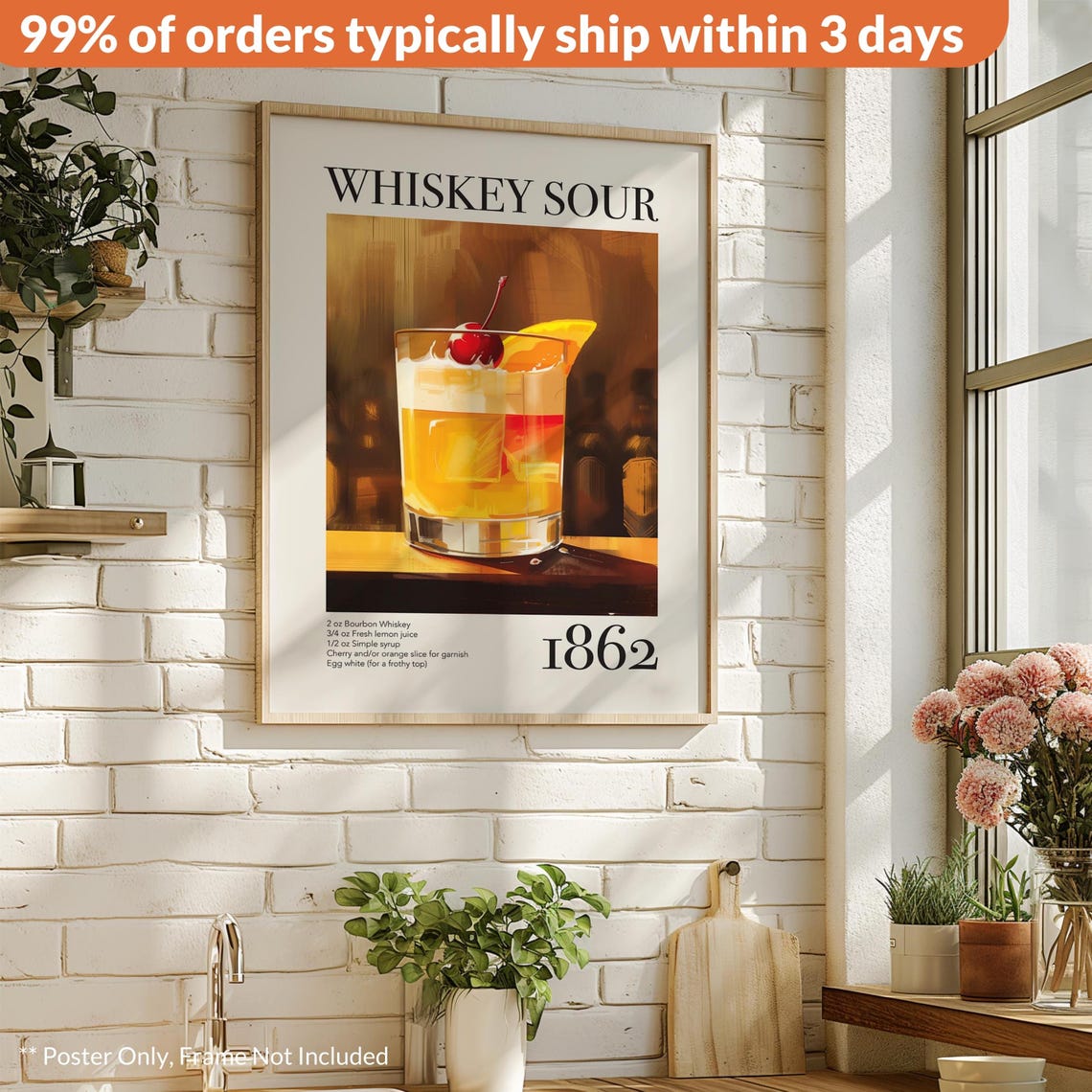 Vintage Whiskey Sour Cocktail Recipe, Bar Poster - Image 2