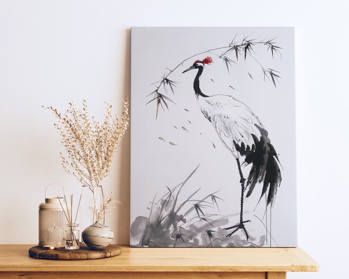 Monochrome Crane, Traditional Japanese Nature Art Print - Image 2
