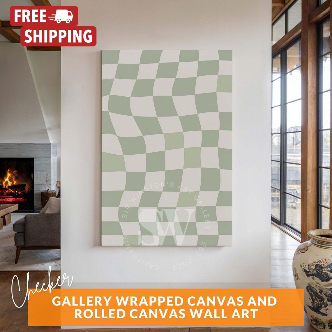 Wavy Checkered Abstract Geometric, Minimalist Art Print