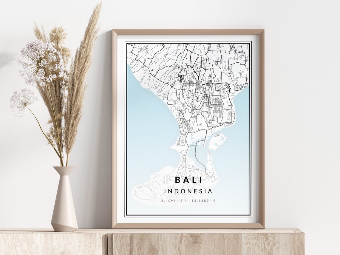 Bali Indonesia Minimalist Island Street Map Coordinate Wall Art