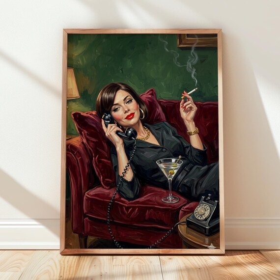 Woman With Martini Painting Dark Academia Wall Art Print Girls Bedroom Decor Poster