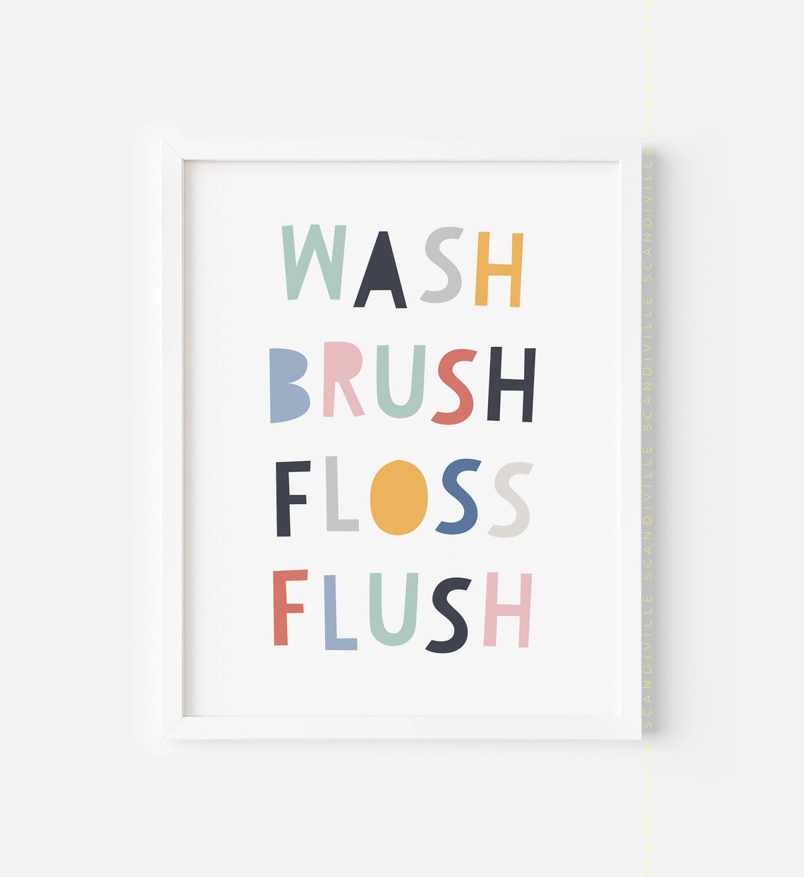Wash Brush Floss Flush Colorful Bathroom Rules Kids Poster Decor - Image 3