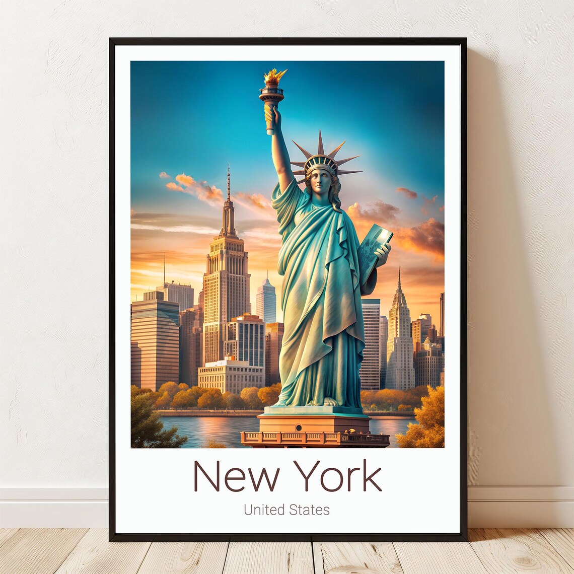 Statue of Liberty New York Skyline Sunset Travel Destination Poster