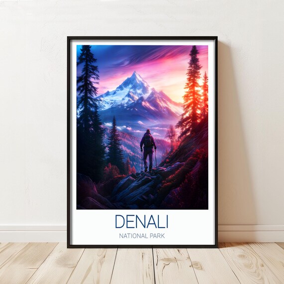 Denali National Park Alaska Hiker Sunset Mountain Landscape Travel Poster