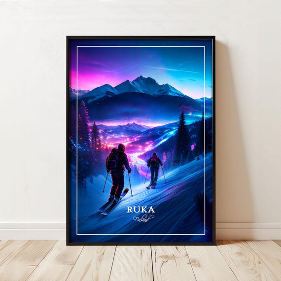 Ruka Ski Resort Poster Northern Lights Nordic Winter Scene