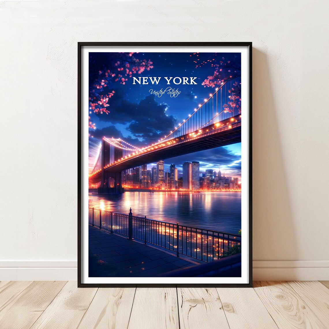 New York City Night Skyline with Illuminated Bridge Travel Poster