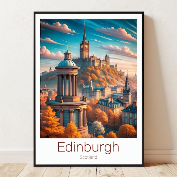 Edinburgh Scotland Autumn Cityscape Clock Tower Travel Poster